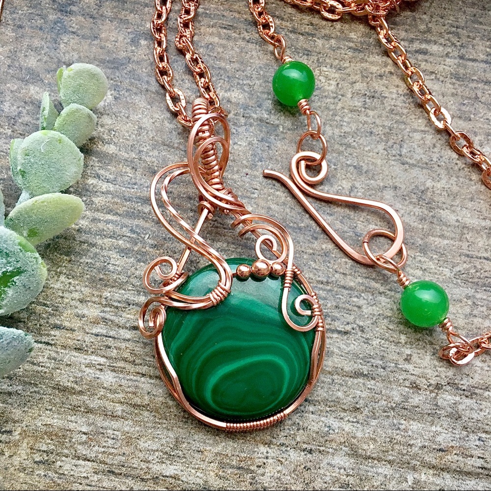 Wire wrapped Malachite copper pendant necklace